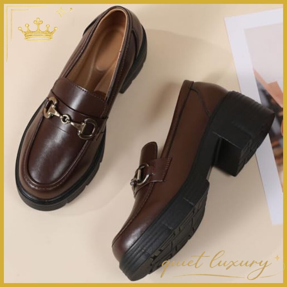 Leather Platform Loafers with Gold Buckle, Chunky Heel Slip-Ons - Picture 5 of 7